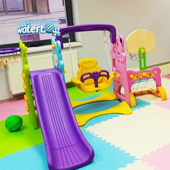 Slide with swing, football gate, basket hoop