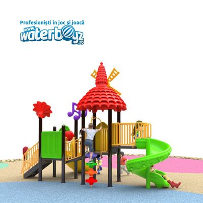 Loc de joaca pentru copii de exterior Economy 47, 1-6 ani, 510x230x330 cm, metal si plastic LLDPE, multicolor