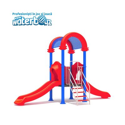 Complex de joaca pentru copii de metal Fun Land 7, exterior, 3-12 ani, 470x190x320 cm, rosu