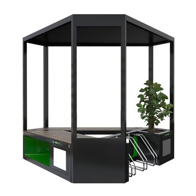 Modular outdoor bench with solar charging and bicycle rack