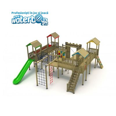 Loc de joaca pentru copii din lemn Wooden Castle, exterior, 3+ ani, 1100x900x300 cm