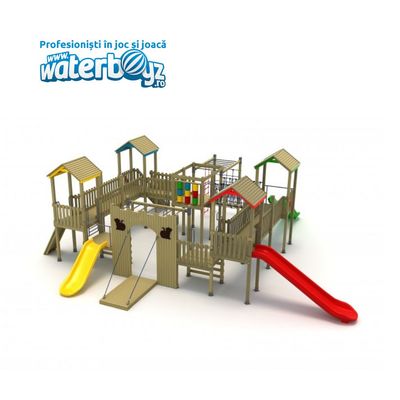 Loc de joaca pentru copii din lemn Wooden Castle, exterior, 3+ ani, 1100x900x300 cm