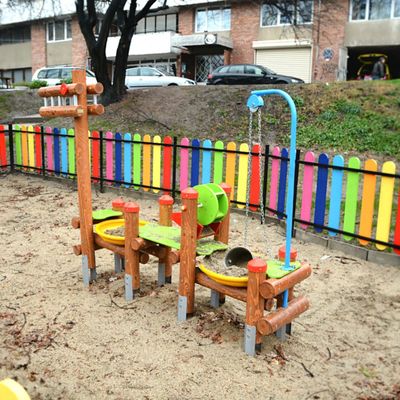 Loc de joaca interactiv pentru copii cu nisip si galetuse Model 2, exterior, 3-12 ani, lemn