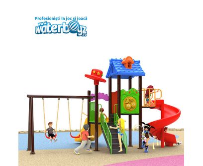 Loc de joaca pentru copii de exterior Economy 40, 1-6 ani, 510x260x300 cm, metal si plastic LLDPE, multicolor
