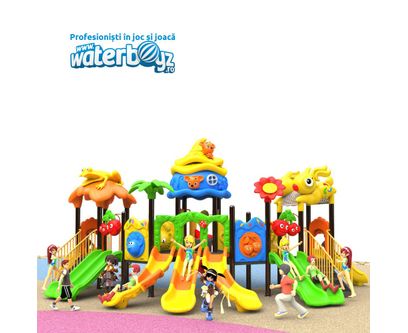 Loc de joaca pentru copii de exterior Economy 43, 1-6 ani, 900x470x350 cm, metal si plastic LLDPE, multicolor