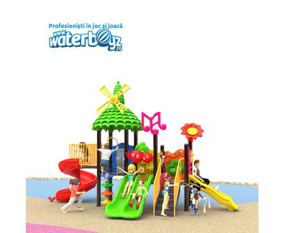 Loc de joaca pentru copii de exterior Economy 44, 1-6 ani, 530x230x330 cm, metal si plastic LLDPE, multicolor