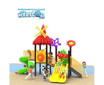 Loc de joaca pentru copii de exterior Economy 47, 1-6 ani, 510x230x330 cm, metal si plastic LLDPE, multicolor