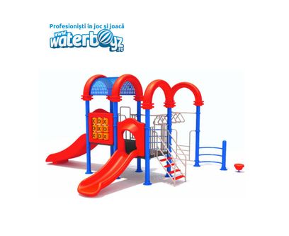 Complex de joaca pentru copii de metal Fun Land 9, exterior, 3-12 ani, 520x500x360 cm, rosu