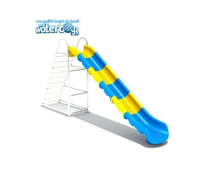 Tobogan clasic de exterior pentru copii Model 4, 3-12 ani, 390x68x210 cm, metal si plastic LLDPE, galben si albastru