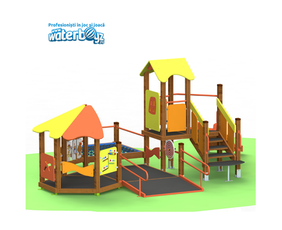 Loc de joaca incluziv pentru copii Happy Nature Model 1, 2-12 ani, 625x440x238 cm, metal si lemn