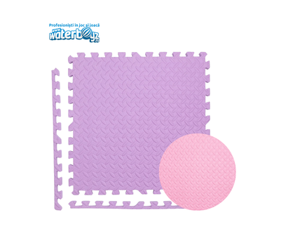 Covor puzzle modular pentru spatii indoor, 100x100x2 cm, spuma EVA cu amortizare soc, fata dubla, mov/roz, 3-12 ani