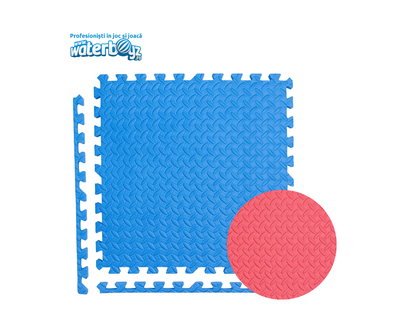Covor puzzle modular pentru spatii indoor, 100x100x2 cm, spuma EVA cu amortizare soc, fata dubla, rosu/albastru, 3-12 ani