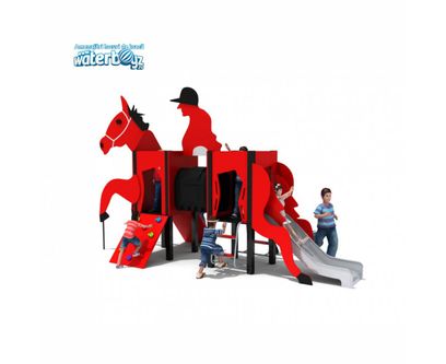 Tobogan de exterior pentru copii Trasura cu Cai, 3-12 ani, metal si plastic HDPE, rosu