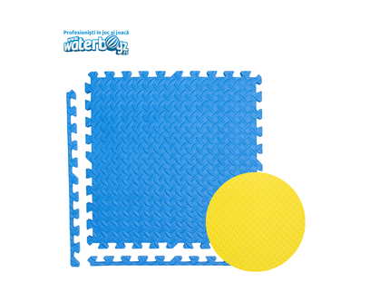 Covor puzzle modular pentru spatii indoor, 100x100x2 cm, spuma EVA cu amortizare soc, fata dubla, galben/albastru, 3-12 ani