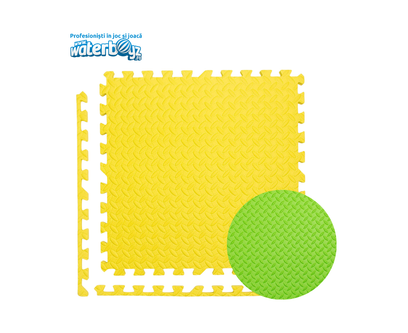 Covor puzzle modular pentru spatii indoor, 100x100x2 cm, spuma EVA cu amortizare soc, fata dubla, galben/verde, 3-12 ani