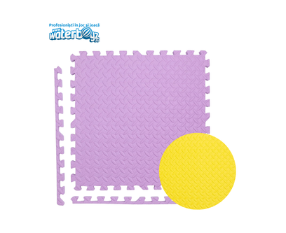 Covor puzzle modular pentru spatii indoor, 100x100x2 cm, spuma EVA cu amortizare soc, fata dubla, mov/galben, 3-12 ani