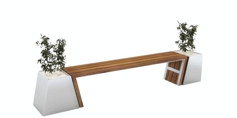 Bancă urbană premium cu jardiniere integrate, structură metalică vopsită electrostatic și finisaj din lemn pentru spații publice moderne.
