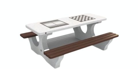 Masă urbană pentru șah și table cu structură din beton și bănci integrate, proiectată pentru spații publice, parcuri și zone de recreere exterioare.