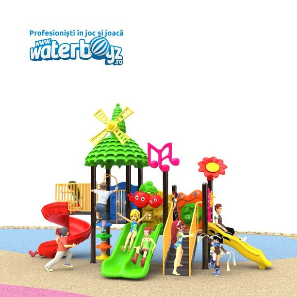 Loc de joaca pentru copii de exterior Economy 44, 1-6 ani, 530x230x330 cm, metal si plastic LLDPE, multicolor