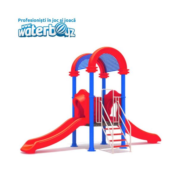 Complex de joaca pentru copii de metal Fun Land 7, exterior, 3-12 ani, 470x190x320 cm, rosu