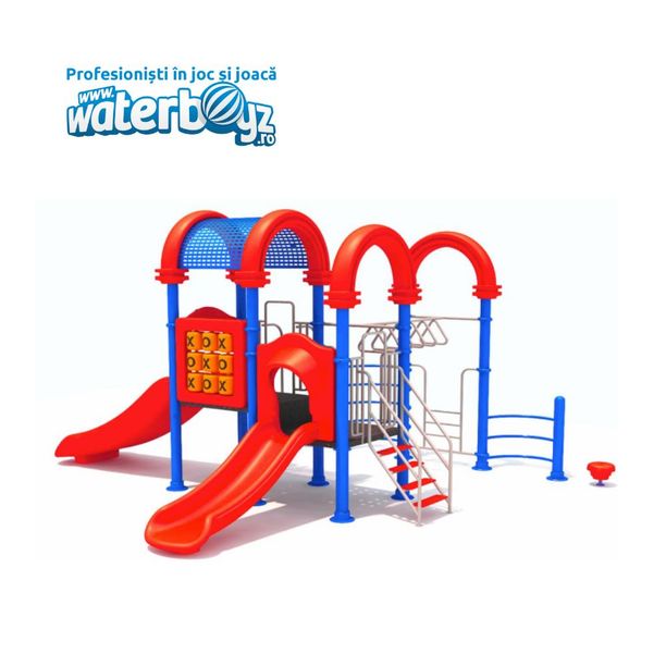Complex de joaca pentru copii de metal Fun Land 9, exterior, 3-12 ani, 520x500x360 cm, rosu