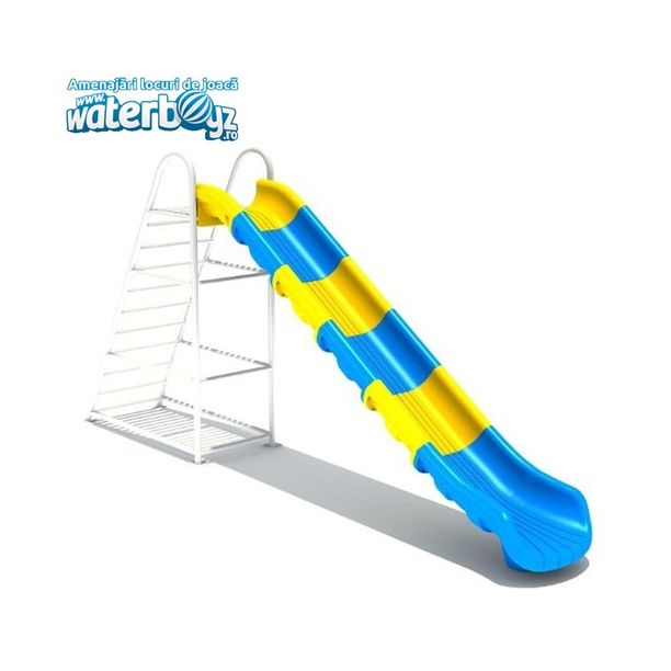 Tobogan clasic de exterior pentru copii Model 4, 3-12 ani, 390x68x210 cm, metal si plastic LLDPE, galben si albastru