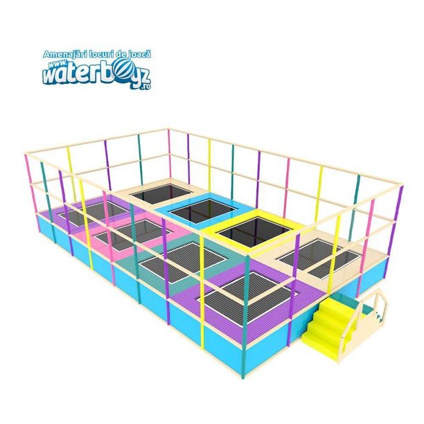 Trambulina modulara elastica pentru interior cu 8 locuri Olimpica, 1026x618x300 cm, 3-12 ani