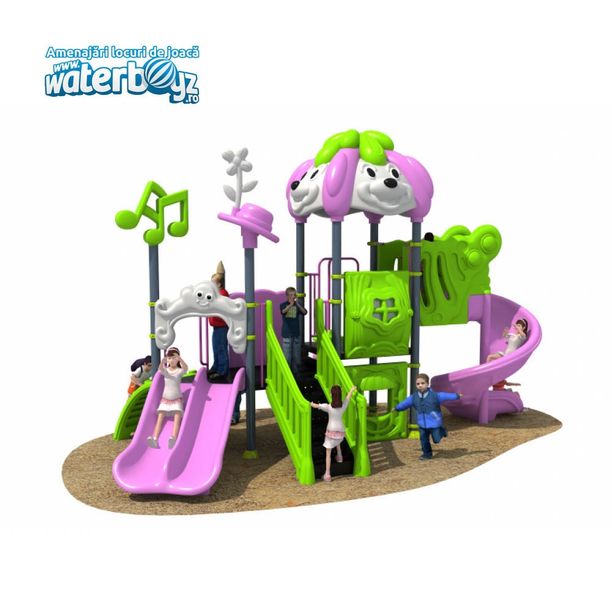 Complex de joaca pentru copii de metal Puppy Land 9, exterior, 3-12 ani, 615x320x440 cm, mov