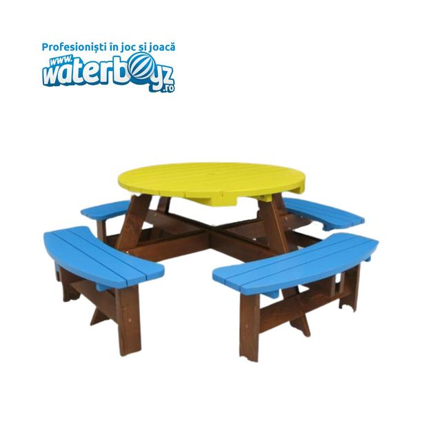 Masuta cu bancute pentru copii, 8 persoane, 1-6 ani, 150x150x57 cm, lemn, multicolor