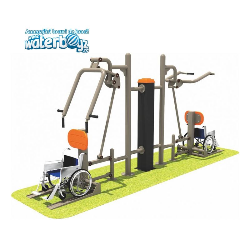 Aparat fitness pentru persoane cu dizabilitati Model 2, exterior, 440x100x200 cm, metal si plastic LLDPE