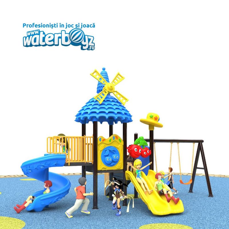 Loc de joaca pentru copii de exterior Economy 45, 1-6 ani, 520x310x350 cm, metal si plastic LLDPE, multicolor