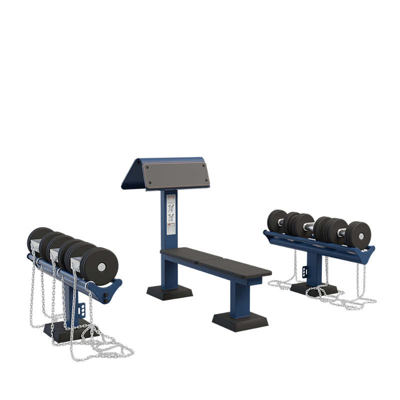 Set de greutati cu suport si banca Heavy de exterior, 129x220x110 cm, otel