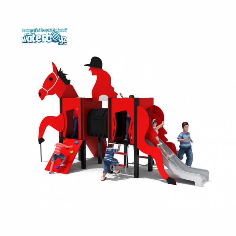Tobogan de exterior pentru copii Trasura cu Cai, 3-12 ani, metal si plastic HDPE, rosu