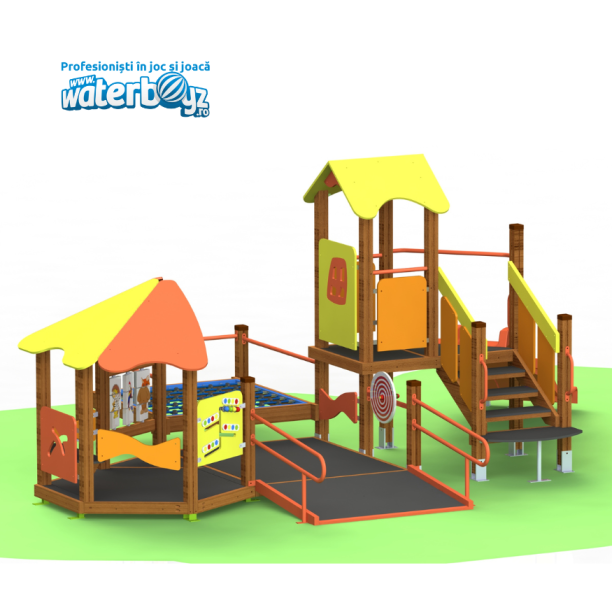 Loc de joaca incluziv pentru copii Happy Nature Model 1, 2-12 ani, 625x440x238 cm, metal si lemn