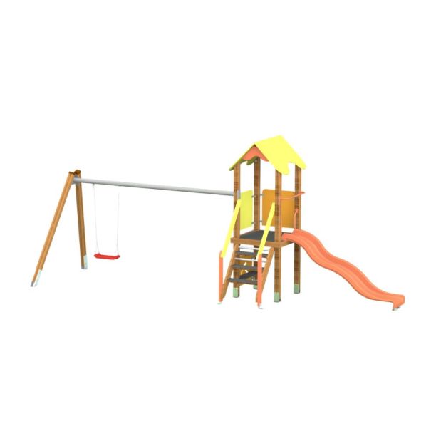 Complex de joaca din lemn pentru copii Nature Play Tower, exterior, 3-12 ani, 619x150x262 cm