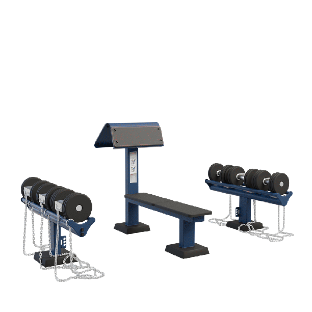 Set de greutati cu suport si banca Heavy de exterior, 129x220x110 cm, otel