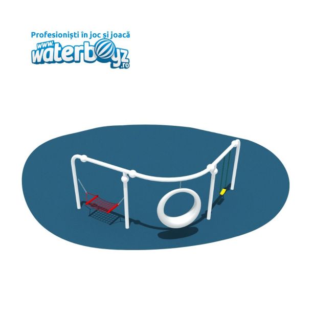 Leagan din metal triplu cu cerc pentru copii, 3 locuri, 6-12 ani, 390x390x200 cm, alb