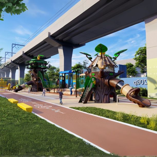 Complex de joaca din metal pentru copii Secret Forest 4, exterior, 3-15 ani, 2600x890x700 cm