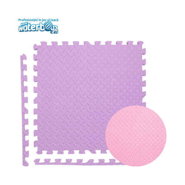 Covor puzzle modular pentru spatii indoor, 100x100x2 cm, spuma EVA cu amortizare soc, fata dubla, mov/roz, 3-12 ani
