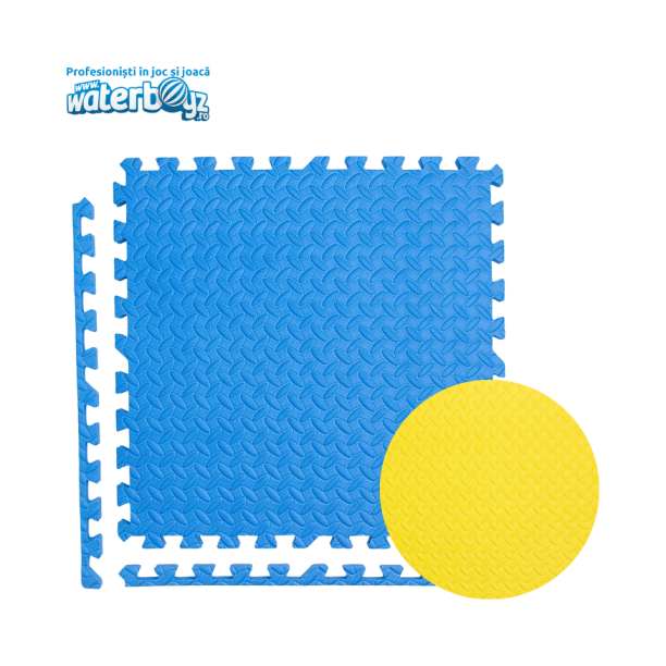 Covor puzzle modular pentru spatii indoor, 100x100x2 cm, spuma EVA cu amortizare soc, fata dubla, galben/albastru, 3-12 ani