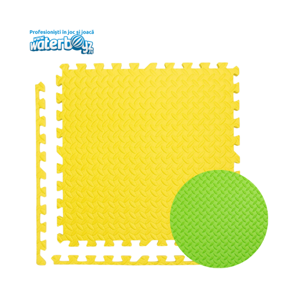 Covor puzzle modular pentru spatii indoor, 100x100x2 cm, spuma EVA cu amortizare soc, fata dubla, galben/verde, 3-12 ani