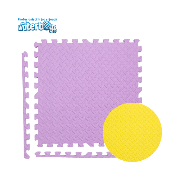 Covor puzzle modular pentru spatii indoor, 100x100x2 cm, spuma EVA cu amortizare soc, fata dubla, mov/galben, 3-12 ani