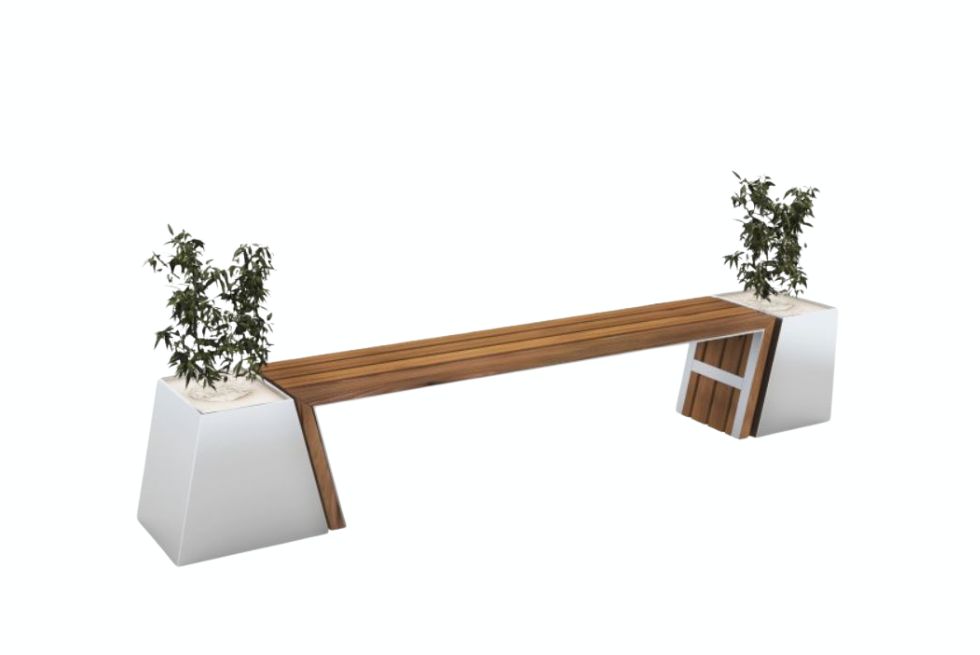 Bancă urbană premium cu jardiniere integrate, structură metalică vopsită electrostatic și finisaj din lemn pentru spații publice moderne.